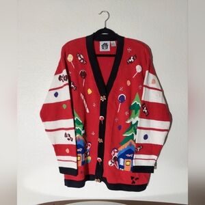 Storybook Knits Vtg Red/Multi Holiday Gingerbread Cardigan Sweater WM Sz 2X